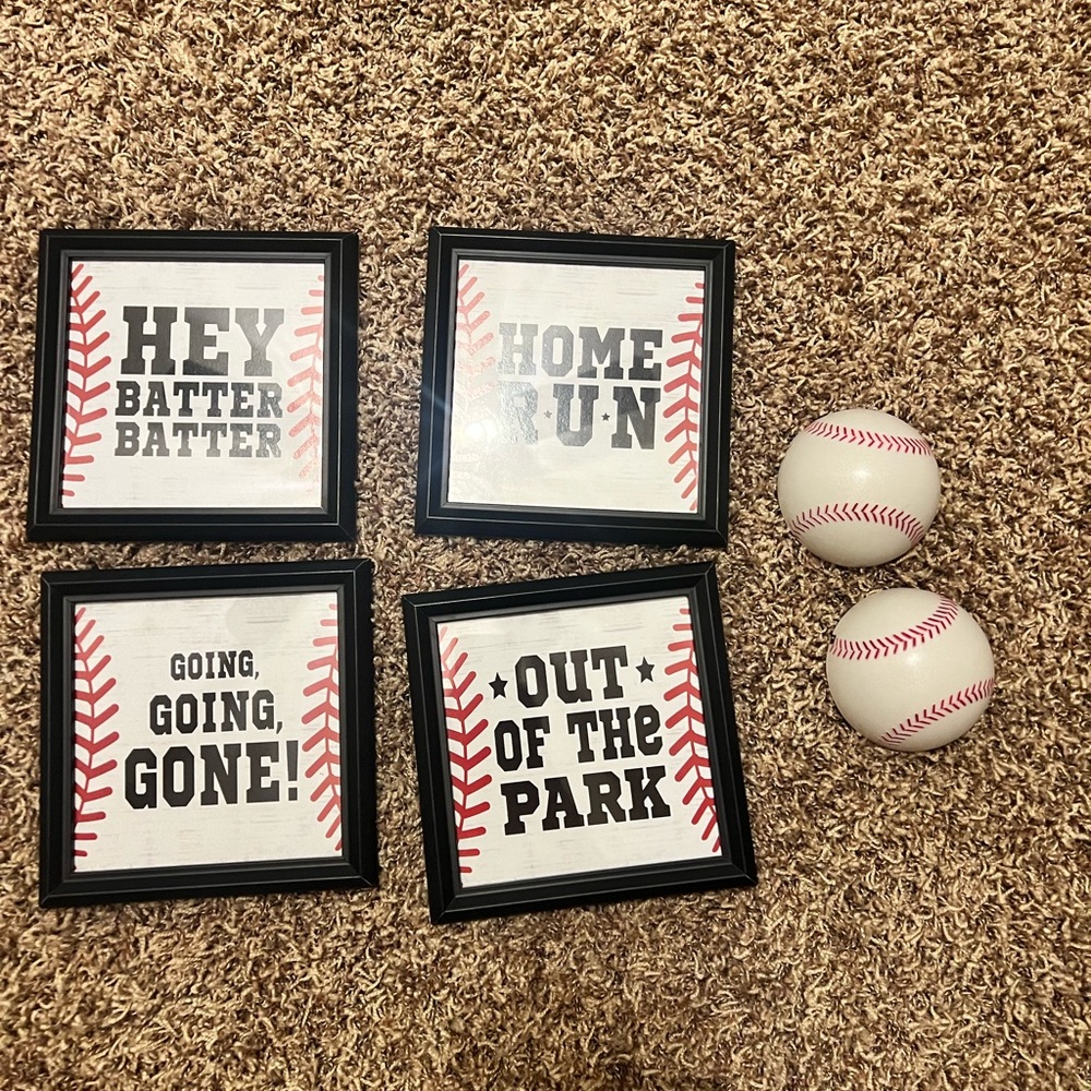 Baseball decor - set of 4 pictures with sayings and light up baseballs